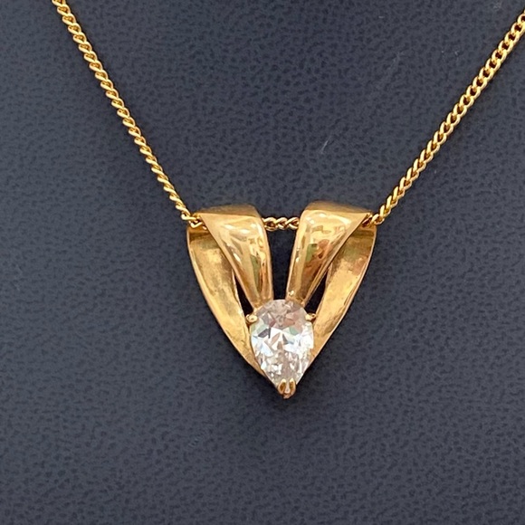 Vintage Unsigned Gold-Plated Heart Slider Pendant Teardrop Clear CZ 16” Necklace - Picture 6 of 15
